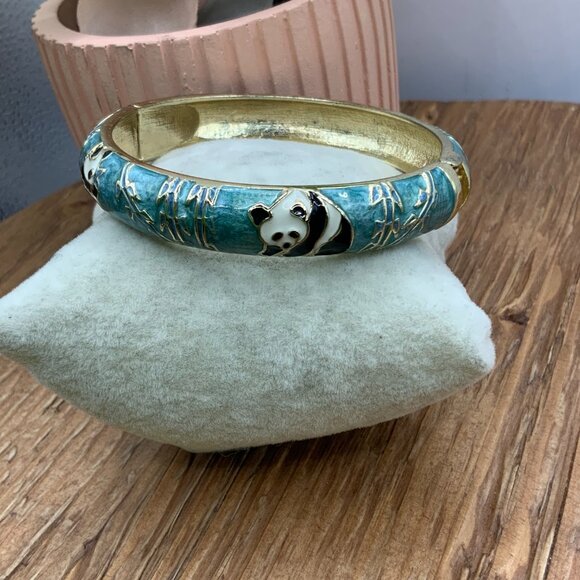 Cloisonne Vintage Blue Enamel Gold Tone Panda Hinged Bangle - Picture 4 of 6